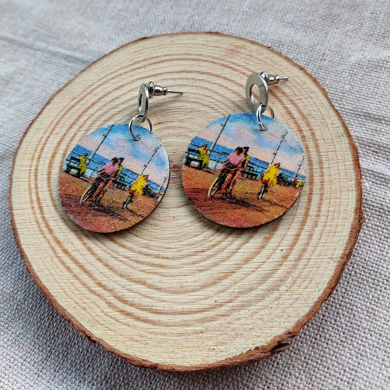 Decoupage Wooden Earrings Vintage Summer Beach Retro Boho image 1