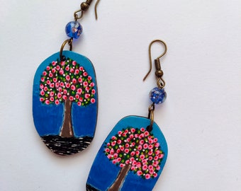 Cherry blossom tree, hand-painted wooden earrings | nature earrings | painted tree | painted jewelry | painted pink flowers | pink tree