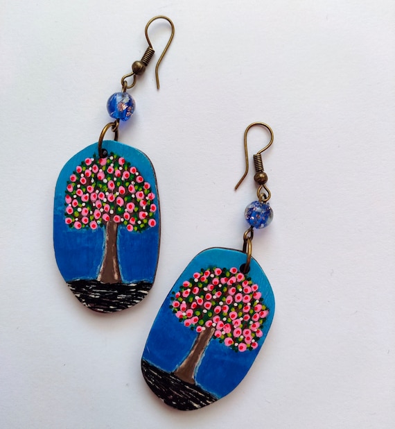 Hand-painted Wooden Earrings Whimsical Pink Tree on Blue