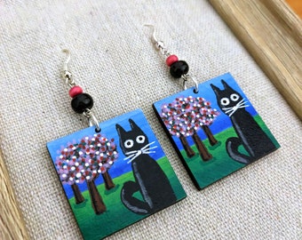 Handpainted Wooden Earrings with Black Cat and Blossom Tree - Unique Nature Inspired Jewelry