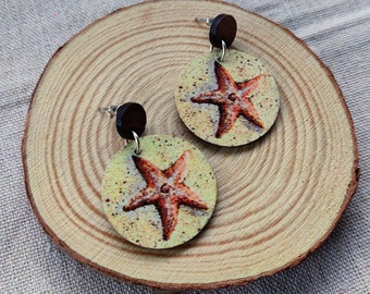 Beachy Decoupage Earrings with Studs - Sea Starfish and Summer Vibes