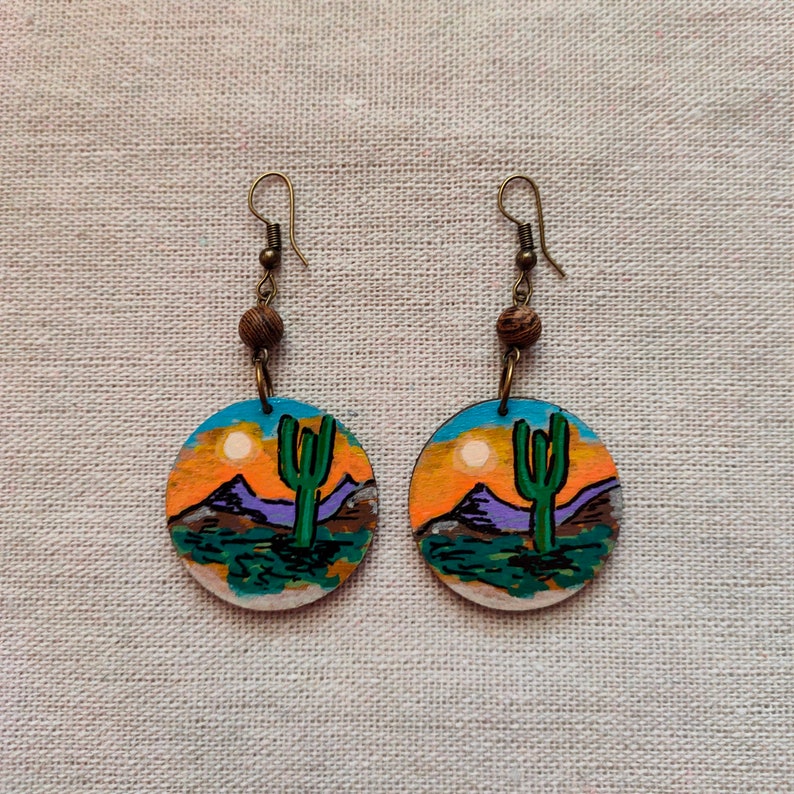 Cactus Landscape Earrings Hand-Painted Wooden Earrings Nature-Inspired Sustainable Fashion image 5