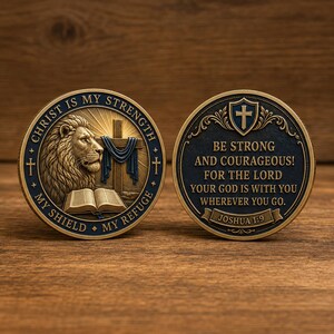 May include: Two circular metal coins with gold and dark blue finishes. The left coin features a lion, a cross with a blue cloth, and an open book with the text CHRIST IS MY STRENGTH, MY SHIELD, MY REFUGE. The right coin displays a shield and the text BE STRONG AND COURAGEOUS! FOR THE LORD YOUR GOD IS WITH YOU WHEREVER YOU GO. JOSHUA 1:9.