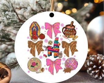 Tis The Season Ornament, Coquette Mexican Christmas Ornament, Pink Spanish Christmas Ornament, Tuki Donkey Keepsake, Chocolate Abuelita