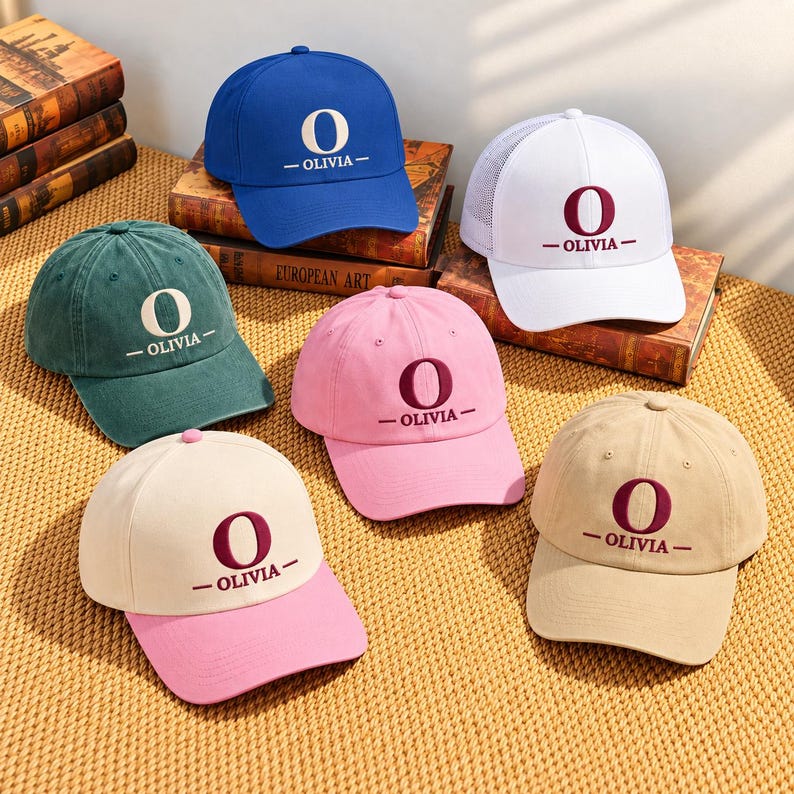 May include: Six baseball caps in various colors including blue, white, green, pink, beige, and a two-tone cream and pink design. Each cap features a large letter O embroidered above the name OLIVIA in a centered, horizontal layout.
