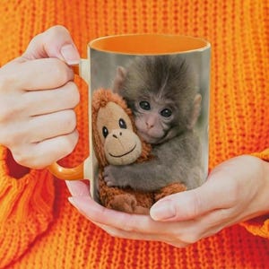 Puede incluir: Taza de cer&aacute;mica con un beb&eacute; mono y un mono de peluche. La taza tiene un interior y un asa de color naranja. La imagen la sostiene una persona que lleva un jersey naranja.