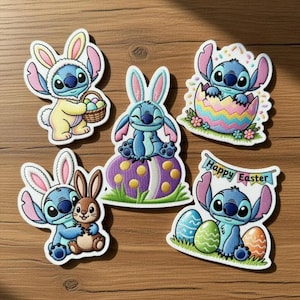 May include: Set of five embroidered patches featuring the character Stitch from Lilo & Stitch in various Easter-themed designs. Stitch is shown wearing bunny ears, holding Easter eggs, and in an Easter egg. The patches are colorful with a white border.