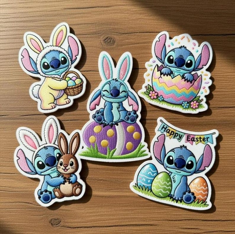 May include: Set of five embroidered patches featuring the character Stitch from Lilo & Stitch in various Easter-themed designs. Stitch is shown wearing bunny ears, holding Easter eggs, and in an Easter egg. The patches are colorful with a white border.