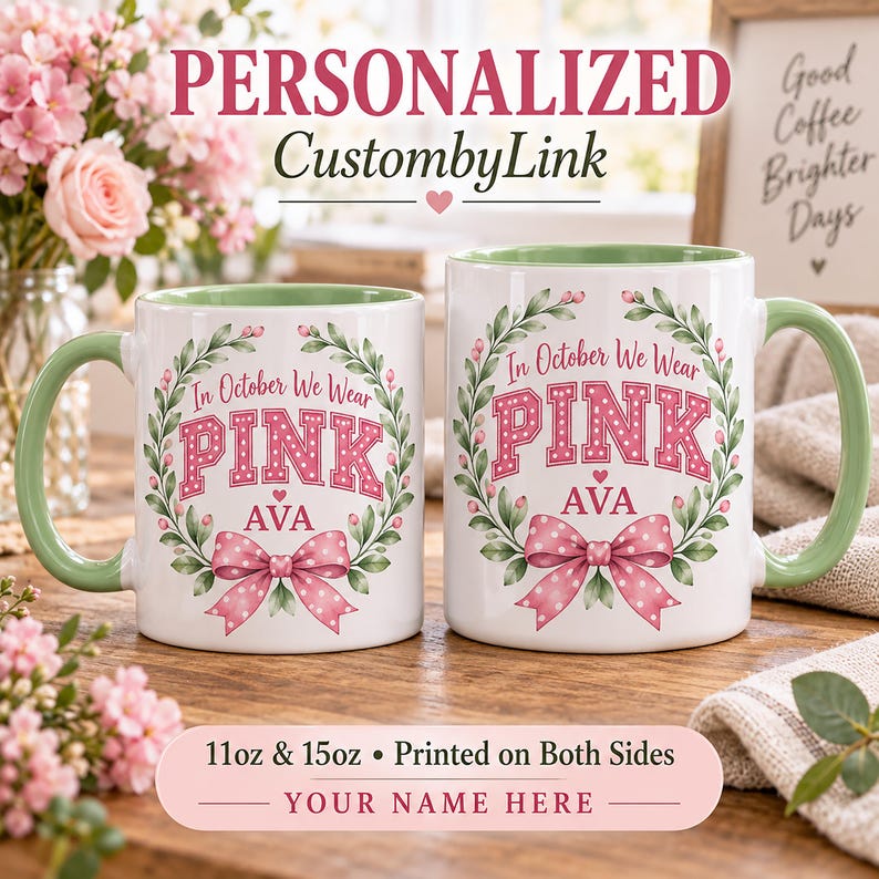 Personalized October Pink Ribbon Floral Name Mug - Breast Cancer ...