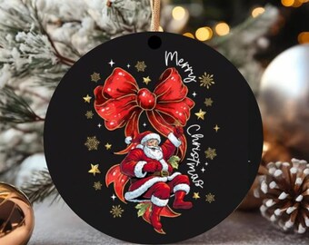 Coquette Santa Bow Ornament, Merry Christmas Ornament, Glitter Santa Claus Ornament, Girly Ribbon Christmas Ornament, Holiday Keepsake Gift