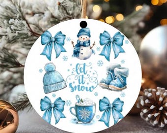 Coquette Winter Ornament, Retro Snowman Hot Cocoa Ornament, Let It Snow Christmas Ornament, Girly Bow Winter Ornament, Cozy Holiday Keepsake