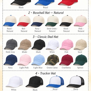 May include: A style selection chart displaying various baseball hats, dad hats, and trucker hats in multiple solid colors and two-tone combinations. The hats are categorized into four groups with labels including Baseball Hat Solid, Natural, Classic Dad Hat, and Trucker Hat.