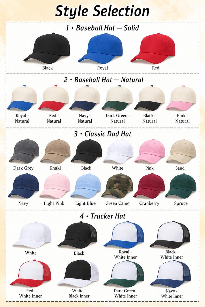 May include: A style selection chart displaying various baseball hats, dad hats, and trucker hats in multiple solid colors and two-tone combinations. The hats are categorized into four groups with labels including Baseball Hat Solid, Natural, Classic Dad Hat, and Trucker Hat.