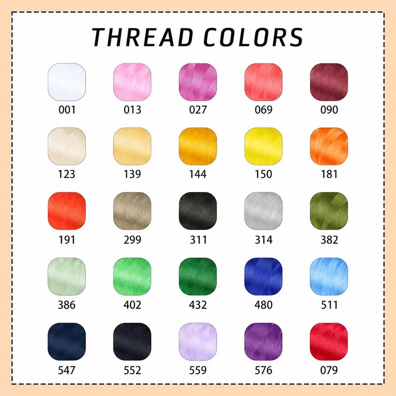 May include: A color chart titled THREAD COLORS featuring a grid of twenty-five rounded square swatches. Each swatch displays a unique thread color labeled with a corresponding three-digit numerical code ranging from 001 to 576 and 079.