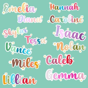 May include: A collection of eleven individual name stickers featuring colorful gradient lettering and small white daisy flower accents. The names displayed are Emelia, Diana, Skylar, Tessa, Vance, Miles, Lillian, Hannah, Caroline, Isaac, Nolan, Caleb, and Gemma.