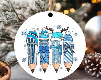 Teacher Christmas Ornament, Coquette Pencil Ornament, Merry Teacher Ornament, Snowman Tree Teacher Gift, Christmas Keepsake for Teacher
