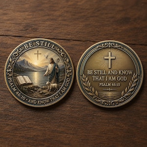 May include: Two circular bronze-toned coins featuring religious imagery. One side depicts a figure with a lamb, a book, and a mountain landscape with the text BE STILL AND KNOW THAT I AM GOD PSALM 46:10. The other side shows a cross and text.