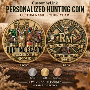 May include: Two circular metal coins featuring hunting themes. The front shows a deer, duck, pheasant, and turkey with the text 'HUNTING SEASON', 'RYAN MITCHELL', and '2026'. The back displays 'RM', 'FIELD FOWL GAME', 'RYAN MITCHELL', and '2026'. Includes 1.57 inch size text.