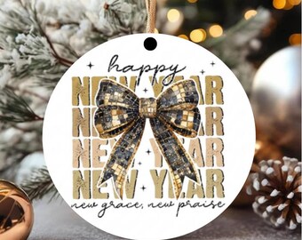 Happy New Year 2027 Ornament, Gold Coquette Bow Ornament, Glitter Disco Ball Ornament, New Year New Praise Keepsake, Retro Varsity Holiday
