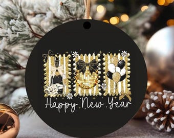 Hello 2027 Ornament, New Year Disco Ball Ornament, Black Gold Glitter Ornament, Happy New Year Balloon Ornament, Preppy 2027 Christmas
