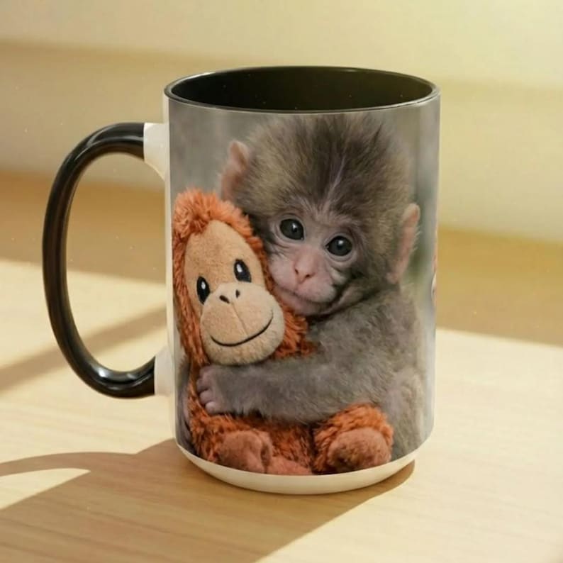 Puede incluir: Taza de cer&aacute;mica blanca con asa y borde negros. La taza presenta una impresi&oacute;n de un beb&eacute; mono abrazando un peluche de orangut&aacute;n. El mono tiene pelaje gris y el peluche es marr&oacute;n. La taza est&aacute; sobre una superficie clara.