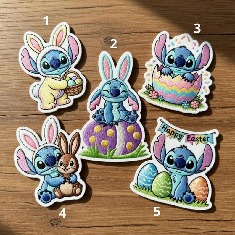 May include: A collection of five embroidered patches featuring the character Stitch from Lilo & Stitch, each with an Easter theme. The patches depict Stitch in various poses with Easter eggs, bunny ears, and baskets.