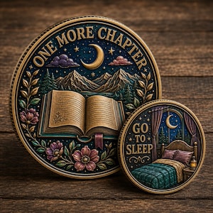 May include: Two circular metal coins with raised relief designs. The larger coin features an open book, mountains, and the text "ONE MORE CHAPTER". The smaller coin depicts a bedroom scene with a bed and the text "GO TO SLEEP" in gold lettering.