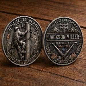 May include: Two circular metal coins with antique finishes. The left coin depicts a utility worker on a pole with the text DEDICATED TO THE GRID, SERVICE, STRENGTH, PRIDE. The right coin features the name JACKSON MILLER, A LEGACY OF SERVICE, RETIREMENT 1994-2026, and THANK YOU FOR KEEPING THE LIGHTS ON.