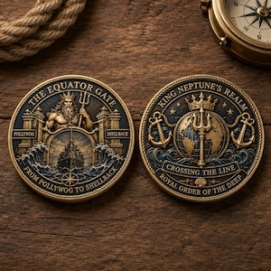 May include: Two circular bronze-toned challenge coins featuring intricate relief designs. One coin depicts a bearded figure with a trident, a ship, and the text THE EQUATOR GATE, POLLYWOG, SHELLBACK, FROM POLLYWOG TO SHELLBACK. The other shows a globe, trident, anchors, and KING NEPTUNE'S REALM, CROSSING THE LINE, ROYAL ORDER OF THE DEEP.