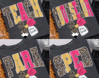Paquete de camisetas para profesiones escolares, camiseta de leopardo para profesor/a de educación especial/consejero/a, camiseta preppy con purpurina para el primer día de clases, gráfico dibujado a mano para personal escolar