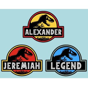 May include: Three custom dinosaur-themed logos with a black T-Rex silhouette. Each logo features a different name: "Alexander" in a red and yellow circle, "Jeremiah" in a red and yellow circle, and "Legend" in a blue circle.