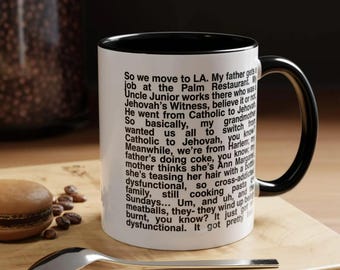 Queen of Melrose “My Father Gets a Job at the Palm Restaurant” Mug, Funny Story Paragraph Ceramic Mug, Minimal Black Text Cup, Unique Gift