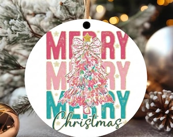 Coquette Christmas Tree Ornament, Pink Floral Glitter Ornament, Preppy Nutcracker Ornament, Merry Brushstroke Christmas Keepsake Gift