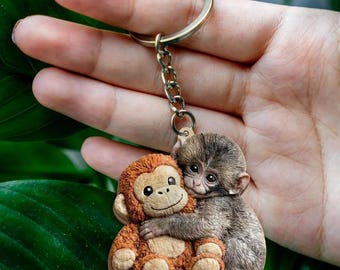 Viral Punch Monkey Wooden Keychain, Cute Baby Monkey with Plush Toy Gift, Emotional Gift for Animal Lovers