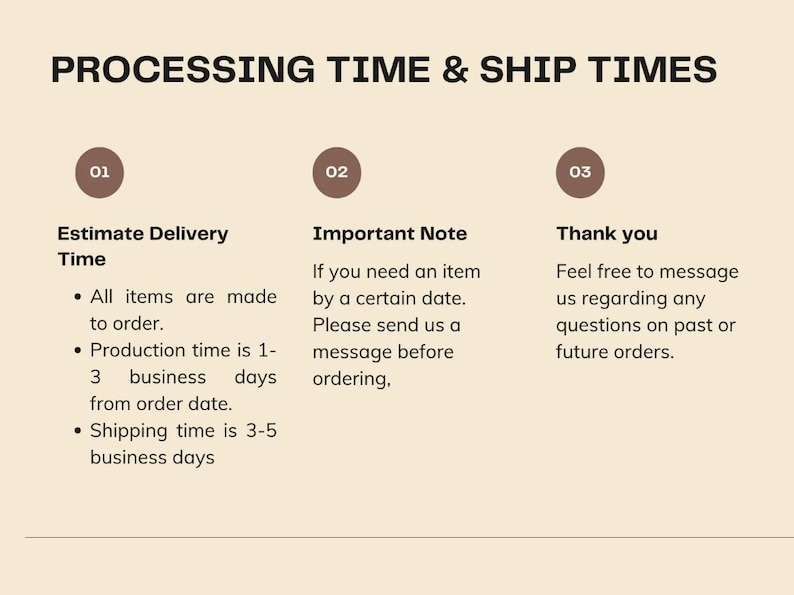 May include: Image with text: "PROCESSING TIME & SHIP TIMES." Information includes estimated delivery time, important notes, and a thank you message. The background is a light beige color.
