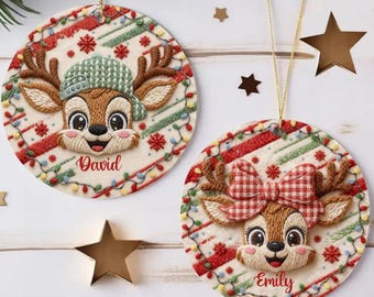 Custom Reindeer Kids Name Ornament, Crochet Reindeer Christmas Ornament, Faux Yarn Christmas Ornament, Trendy Boy Girl Candy Cane Keepsake