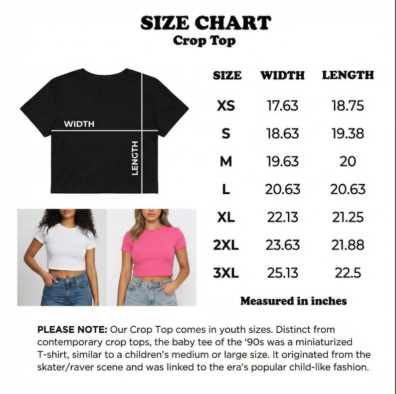 May include: Size chart for a crop top, with measurements in inches. The chart includes sizes XS to 3XL, with width and length dimensions provided for each size. The image also shows a black crop top and two women wearing crop tops.
