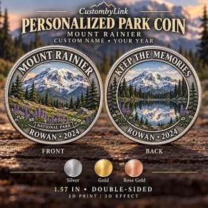Personalized Mount Rainier National Park Coin, Reflection Lake Wildflower Token, Custom Name Washington Travel Keepsake Gift Metal 1.57 Inch
