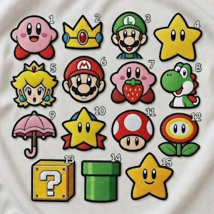 May include: A collection of colorful embroidered patches featuring characters and symbols from the Super Mario video game series. Includes Kirby, Mario, Luigi, a crown, stars, a mushroom, and a question mark block.