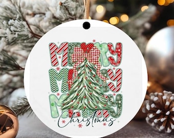 Coquette Christmas Ornament, Floral Bow Ornament, Red Plaid Christmas Ornament, Preppy Christmas Tree Ornament, Faux Glitter Doodle Xmas