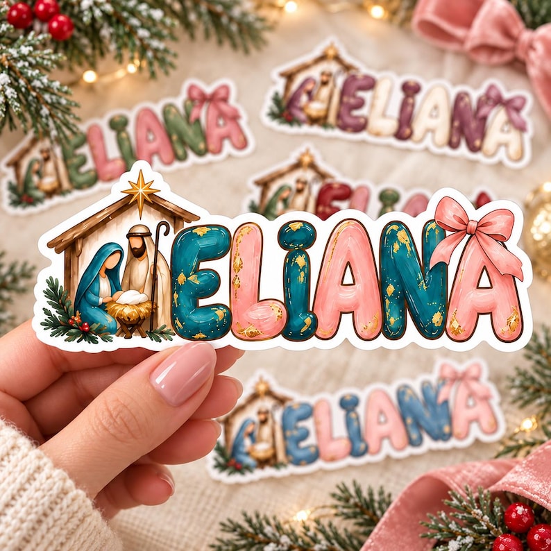 Personalized Christmas Nativity Bow Name Sticker, Printed Vinyl Decal ...