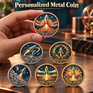 May include: A collection of six round metal coins featuring rocket ship designs and the text PIXEL LIFTOFF. Each coin displays a unique space-themed illustration with vibrant colors, including orange, blue, and gold tones, set against a dark background.