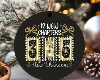 Hello 2027 Ornament, New Year Disco Ball Ornament, 12 New Chapters 365 New Chances, Black Gold Glitter Christmas Ornament, Happy New Year