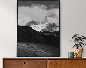 Photography poster Condor Flying in the Mountains View Black and White El Chalten Argentina Patagonia Nature Photo Print Wall Deco