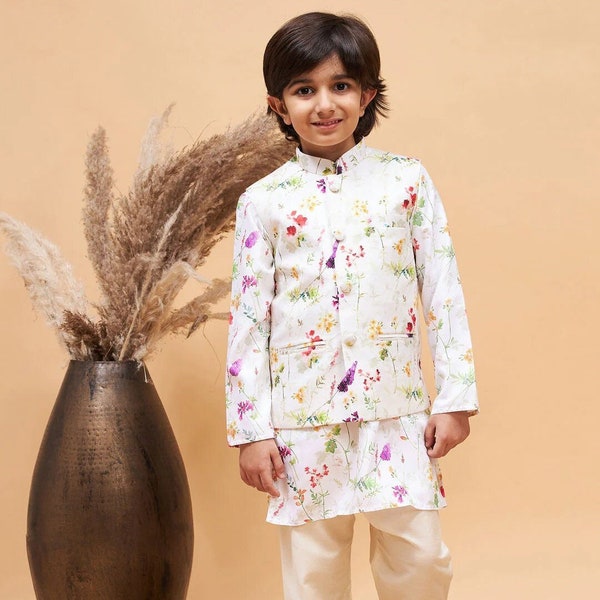 Indian Boys Printed Mandarin Collar Gotta Patti Kurta With Pyjamas & Nehru Jacket| Kids Kurta Pajama| Boys Kurta Pajama Set| Kids Partywear|