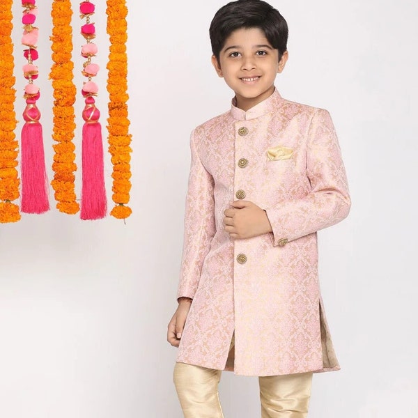Indian Boys Beige & Cream Woven Sherwani Set with Dupatta, Boys Clothes, Sherwani for Boys,Kids Clothing Set, Festive Wear, Kids Indian Wear