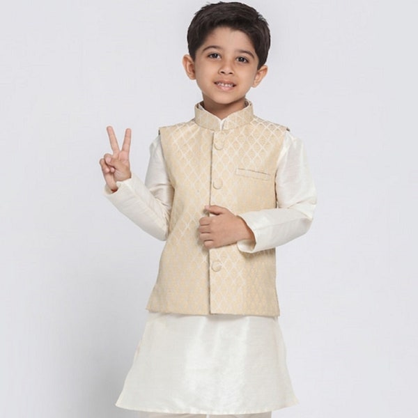Indian Boys Self Design Kurta with Churidar & Jacket| Kids Ethnic Wear Kurta Pajama Pant Waistcoat for Boys | Kids Ethnic Wear Sherwani|