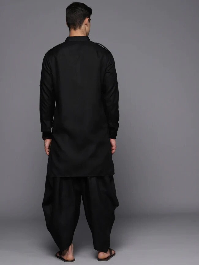 Black Pathani Linen Blend Kurta with Dhoti Pants