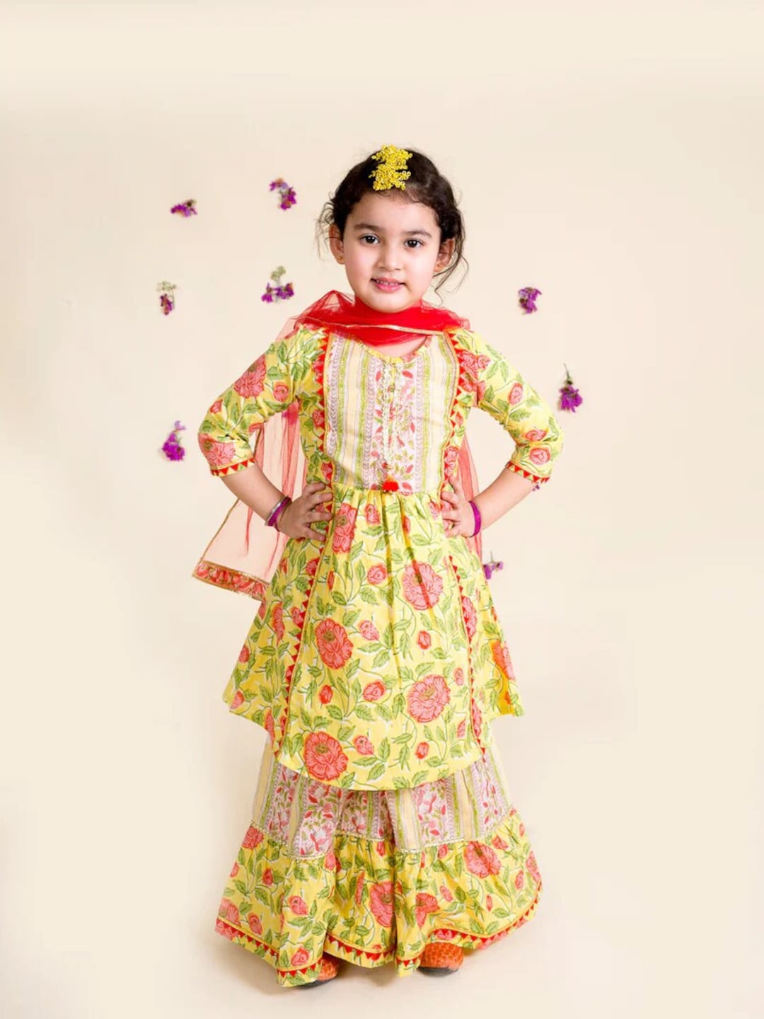 Indian Girls Yellow Floral Printed Pure Cotton Kurta With Sharara ...