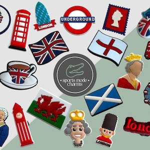 May include: A collection of colorful charms featuring iconic British symbols. Includes a red telephone booth, a London Underground sign, a Union Jack flag, a double-decker bus, and a depiction of the Queen. The charms are in various shapes and sizes.